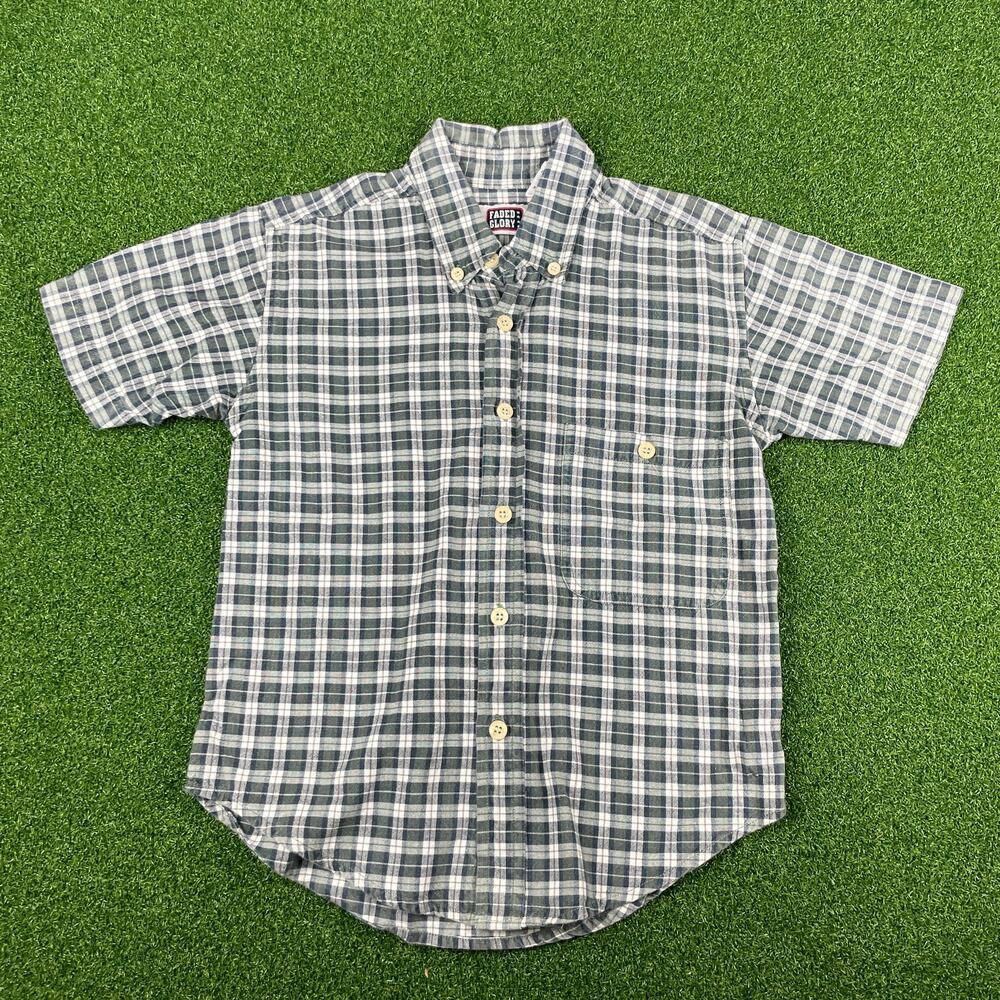 Faded Glory Boys Kids Green Plaid Short Sleeve Pocket Button Down Shirt Sz S